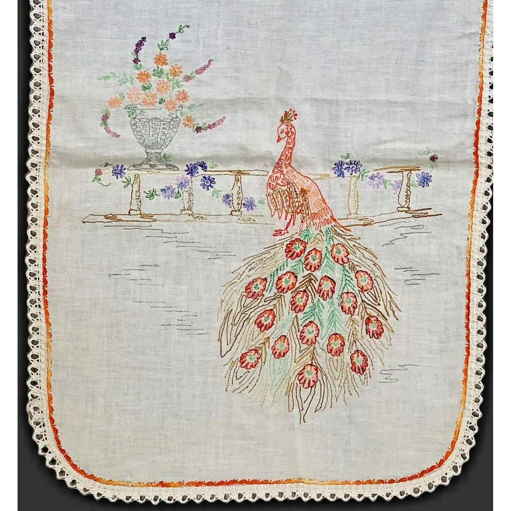 Vintage PEACOCK, Fence & Urn Table Runner Dresser Scarf 36